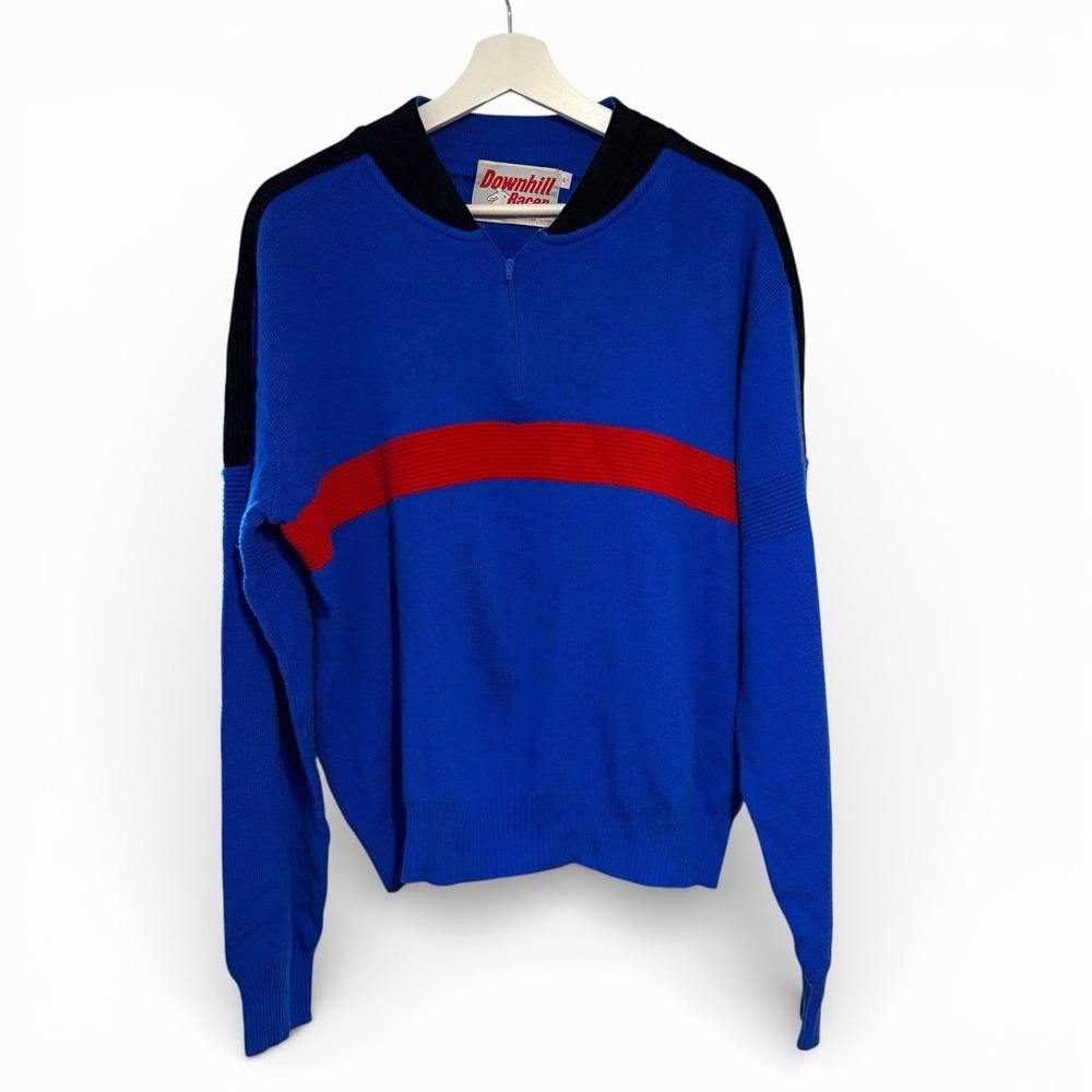 Vintage Downhill Racer Ski Sweater 1985 Blue‎ Red Quarter Zip Boxy Fit Large